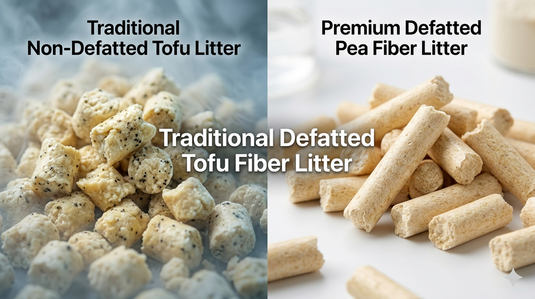 Comparison image showing shelf-stable defatted pea fiber cat litter versus mold-prone non-defatted tofu cat litter in a humid climate.