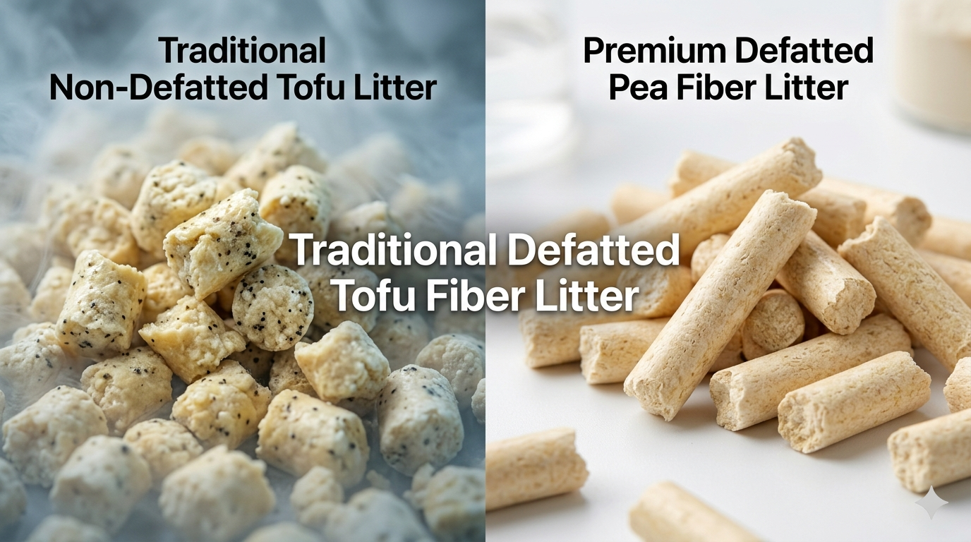 Comparison image showing shelf-stable defatted pea fiber cat litter versus mold-prone non-defatted tofu cat litter in a humid climate.