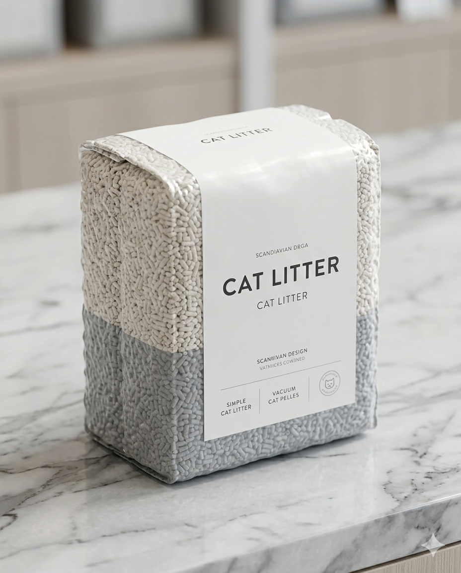 Premium vacuum-packed OEM tofu cat litter displayed neatly on high-end retail shelves to maximize revenue per square foot for Singapore pet distributors
