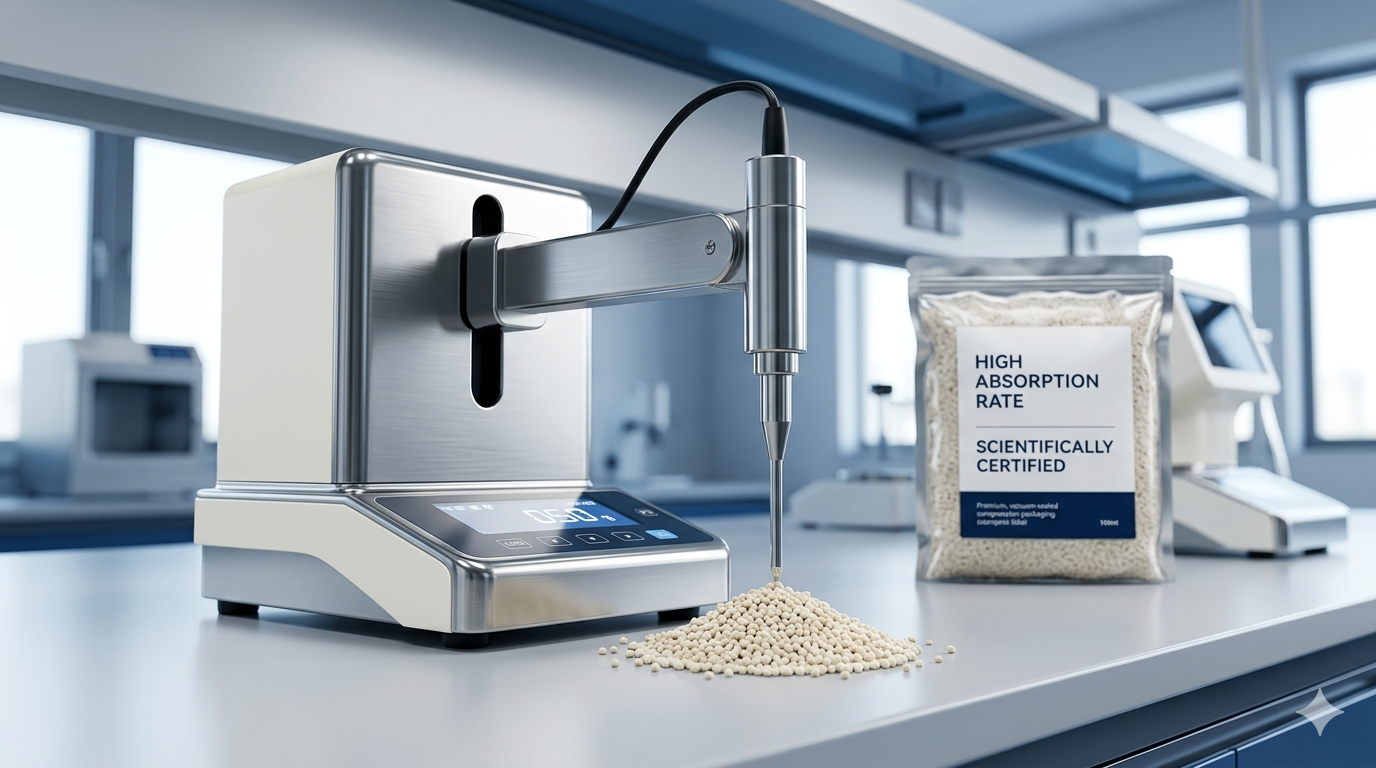 Scientific moisture testing of premium tofu cat litter in laboratory, professional quality control, high-tech B2B cat litter supply