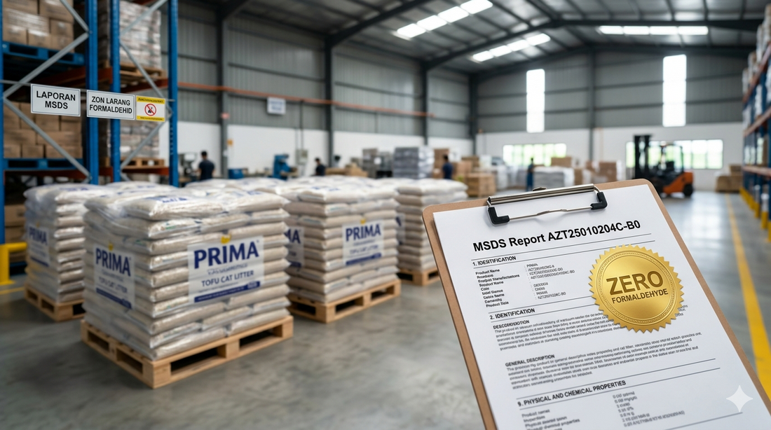 PRIMA Tofu Cat Litter MSDS Report AZT25010204C-B0 and Zero Formaldehyde Certification for Malaysian Pet Wholesalers
