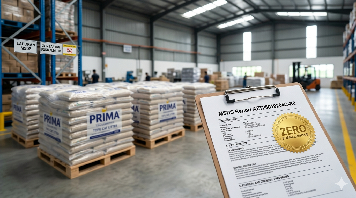 PRIMA Tofu Cat Litter MSDS Report AZT25010204C-B0 and Zero Formaldehyde Certification for Malaysian Pet Wholesalers