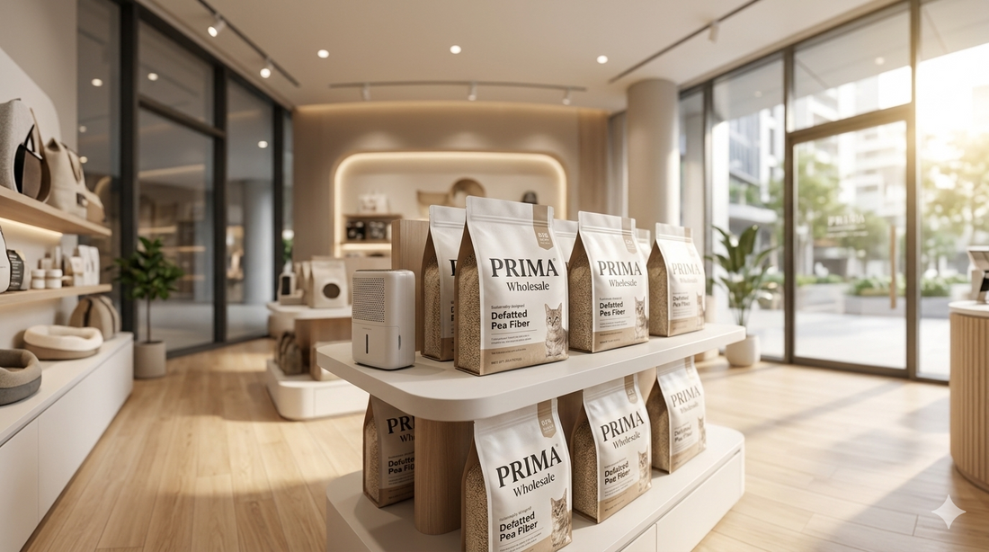 Professional retail display of premium defatted pea fiber cat litter on a shelf in a modern pet store, emphasizing business ROI and quality.