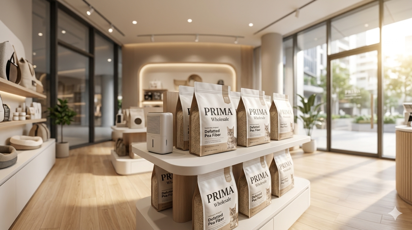 Professional retail display of premium defatted pea fiber cat litter on a shelf in a modern pet store, emphasizing business ROI and quality.