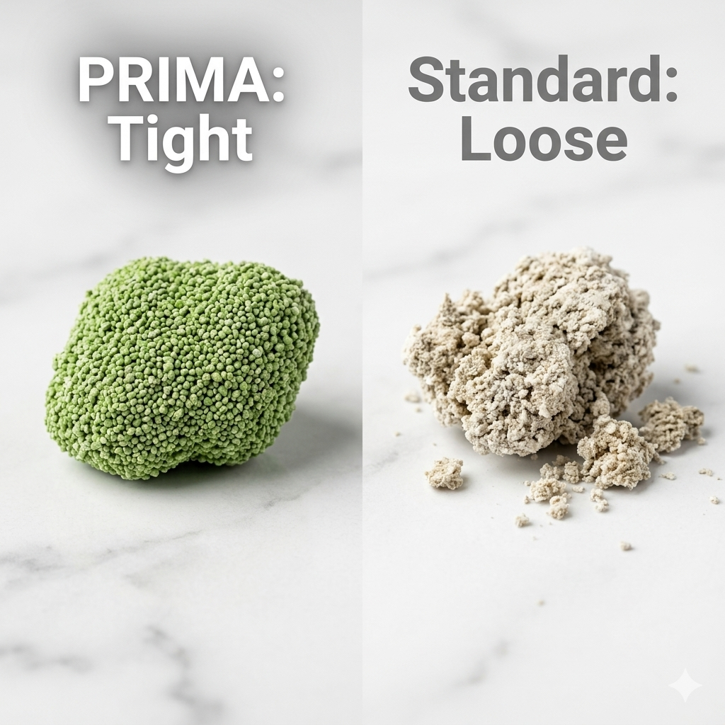 Comparison of PRIMA defatted pea fiber cat litter anti-mold performance and 1.5s clumping in high humidity MY/SG climate.