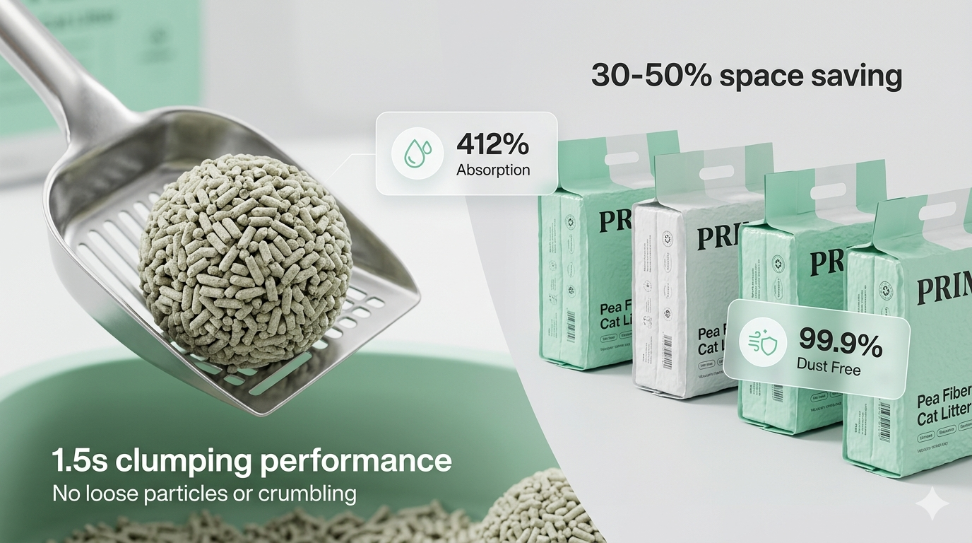 PRIMA Pea Fiber Cat Litter showcasing 1.5s clumping, 412% absorption, and vacuum-sealed packaging for space saving in pet supply distribution.