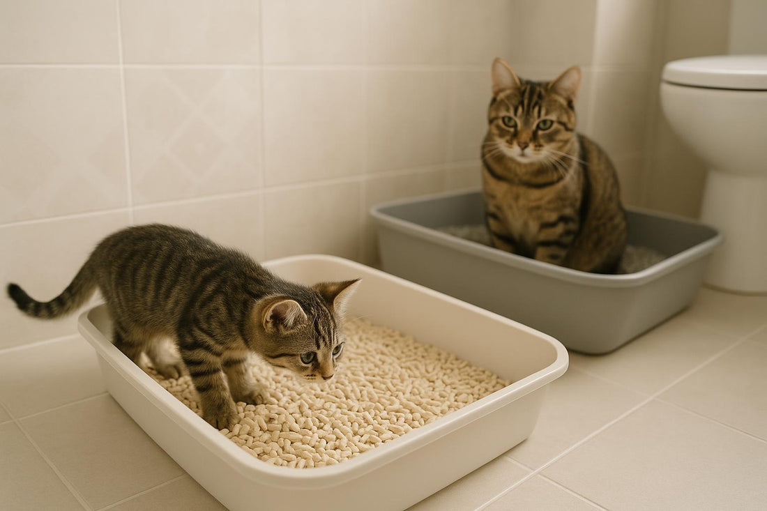 Kitten sniffing tofu pellet litter beside a clay litter box in a calm multi-cat home