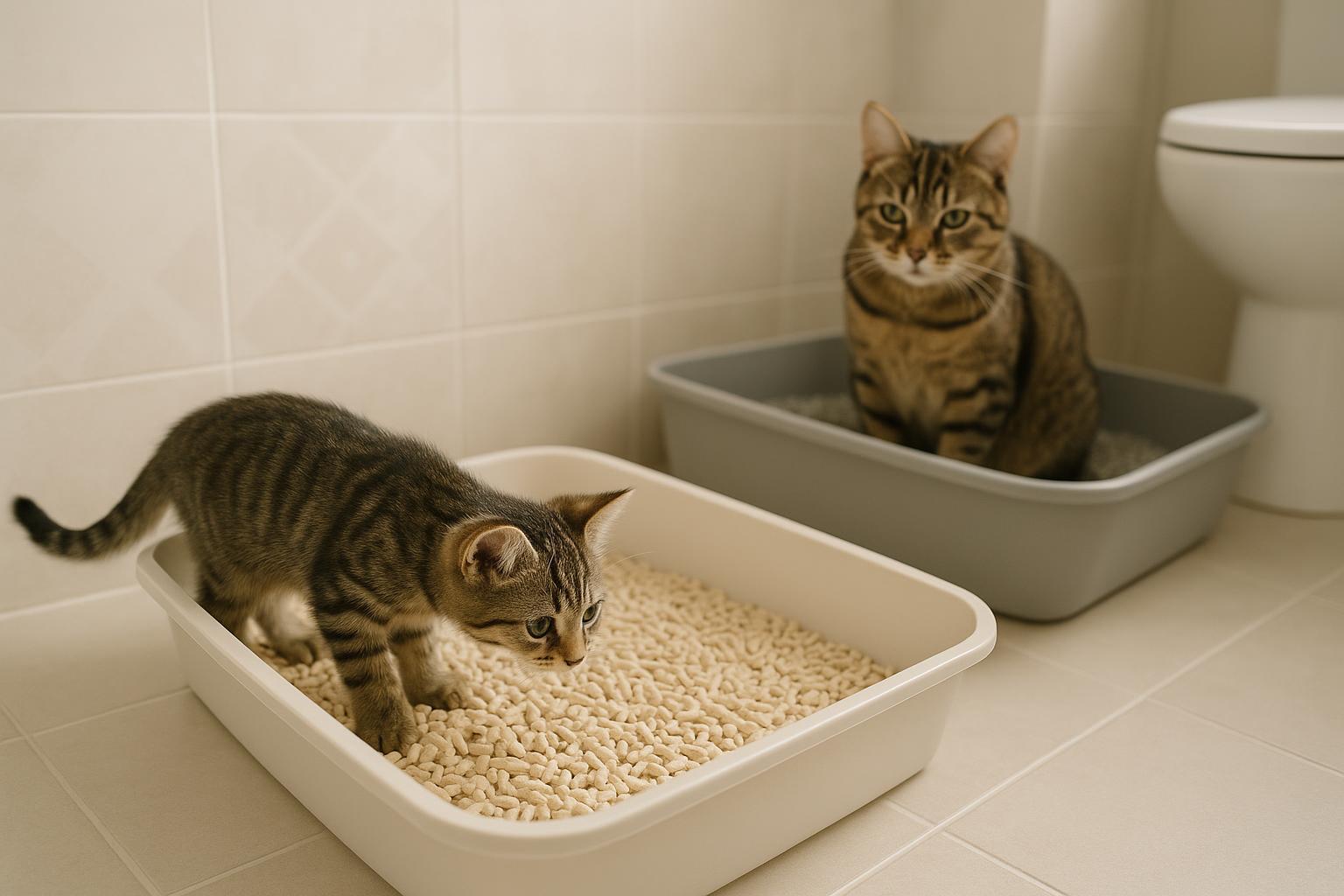 Kitten sniffing tofu pellet litter beside a clay litter box in a calm multi-cat home