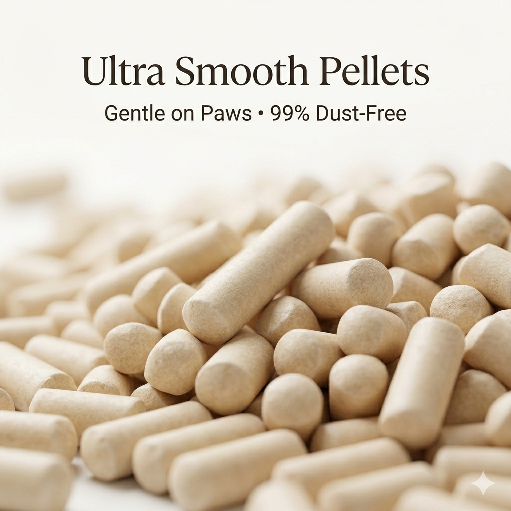 Close-up macro view of PRIMA premium plant-based cassava cat litter pellets, showing smooth rounded dust-free texture, natural beige color, designed for fast clumping and gentle paw comfort.