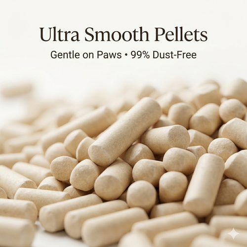 Close-up macro view of PRIMA premium plant-based cassava cat litter pellets, showing smooth rounded dust-free texture, natural beige color, designed for fast clumping and gentle paw comfort.