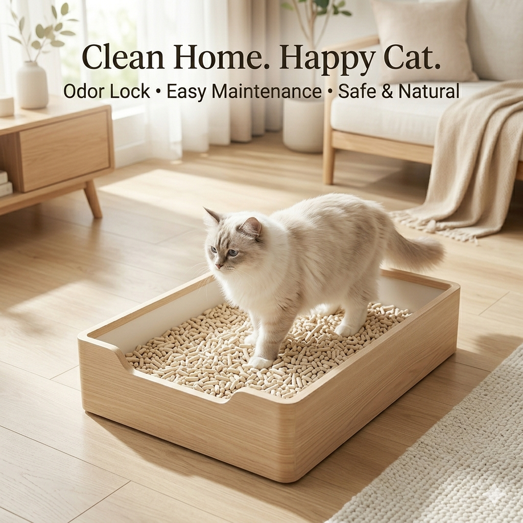 A clean modern home scene showing a healthy cat using PRIMA cassava cat litter in a spotless litter box, demonstrating odor control, hygiene, and natural plant-based safety in a bright minimalist interior.
</alt_text>