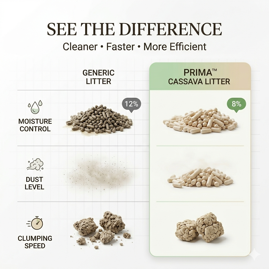 Minimalist comparison chart of PRIMA cassava cat litter versus standard cat litter, highlighting lower moisture content, reduced dust levels, and faster clumping performance in a clean premium infographic style.